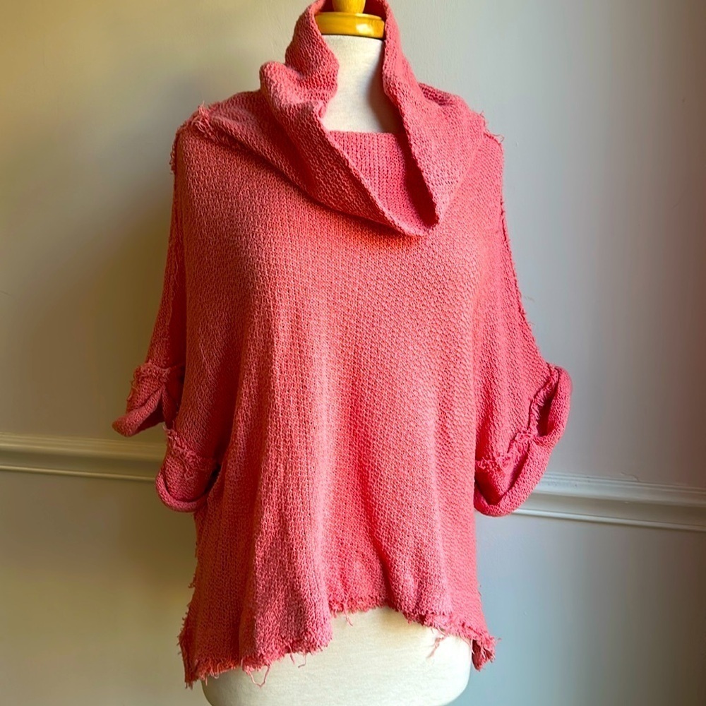 Anthropologie oversized, cotton sweater, raw edge, loose knit cowl neck Medium